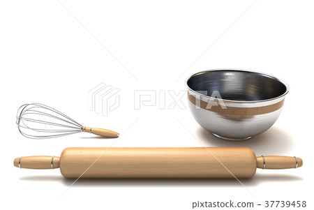 Wire whisk, wooden rolling pin and chrome bowl 3D Wire whisk, wooden rolling pin and chrome bowl 3D 37739458