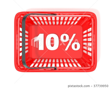 10 percent discount tag in red shopping basket. 3D 10 percent discount tag in red shopping basket. 3D 37739950