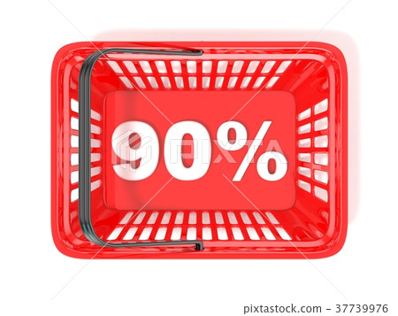 90 percent discount tag in red shopping basket. 3D 37739976