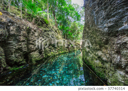 Blue river in Xcaret, Mexico 37740314
