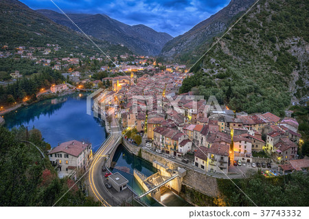 Aerial view of town Breil-sur-Roya at dusk, France Aerial view of town Breil-sur-Roya at dusk, France 37743332