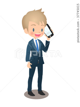 在衣服的年輕男性商人拜訪智能手機的 37745015