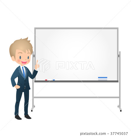 Young male businessman in a suit explaining using a whiteboard Young male businessman in a suit explaining using a whiteboard 37745037
