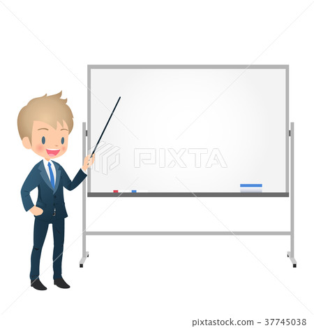 Young male businessman in a suit explaining using a whiteboard Young male businessman in a suit explaining using a whiteboard 37745038