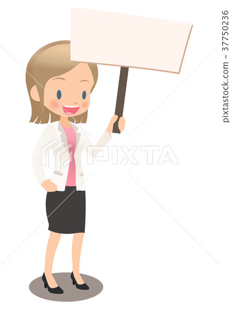 Young female office worker in suit with plain billboard Young female office worker in suit with plain billboard 37750236