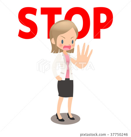 Young female office worker in suit promoting STOP Young female office worker in suit promoting STOP 37750246