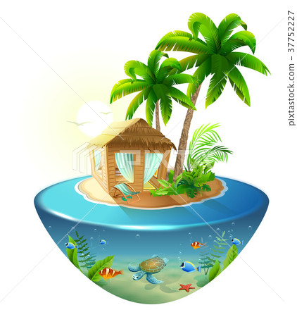 Bungalow under palm tree on tropical island 37752227