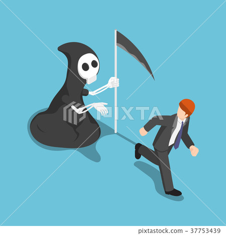 Businessman running away from angel of death. Businessman running away from angel of death. 37753439