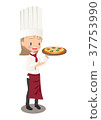 Illustration image of a female chef with a baked pizza 37753990