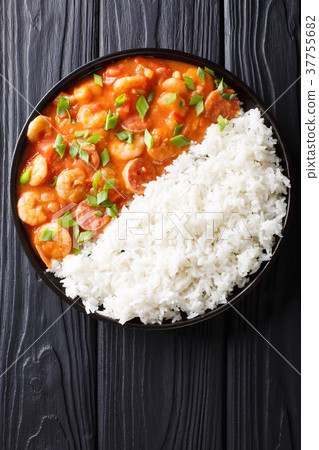 Delicious gumbo with prawns, sausage and rice Delicious gumbo with prawns, sausage and rice 37755682