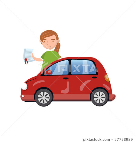 Woman standing behind of red car and showing paper Woman standing behind of red car and showing paper 37758989