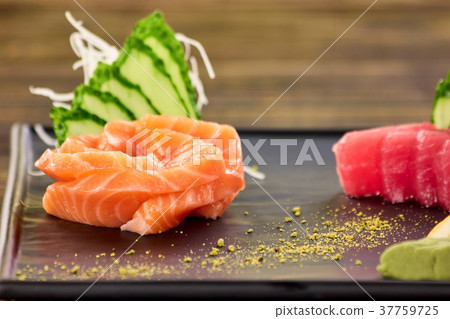 Sashimi salmon, sashimi tuna close up. 37759725