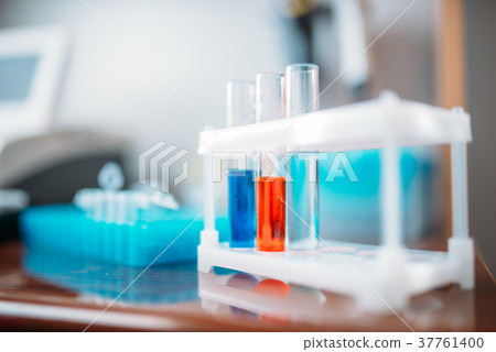 Laboratory tests in glass flasks closeup 37761400