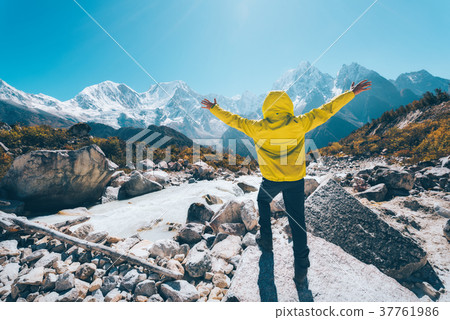 Man with raised up arms near the river Man with raised up arms near the river 37761986