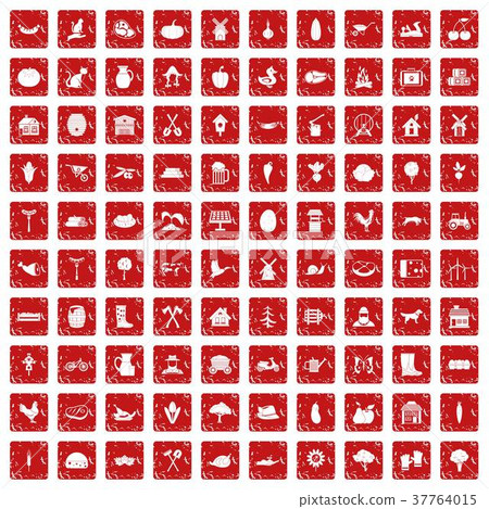 100 farm icons set grunge red 37764015
