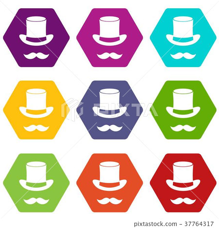Magic black hat and mustache icon set color hexahedron Magic black hat and mustache icon set color hexahedron 37764317