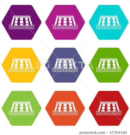 Hydroelectric power station icon set color hexahedron 37764390