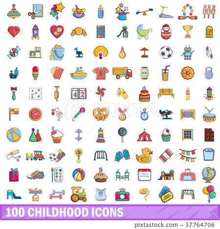 100 childhood icons set, cartoon style 100 childhood icons set, cartoon style 37764706