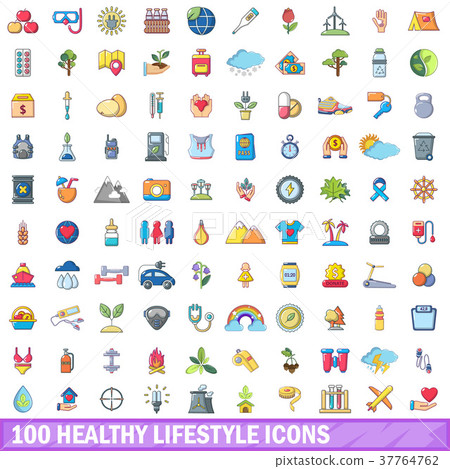 100 healthy lifestyle icons set, cartoon style 37764762