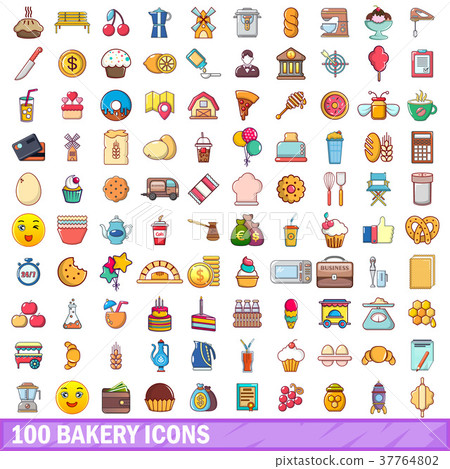 100 bakery icons set, cartoon style 37764802