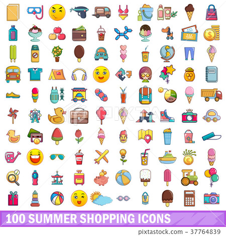 100 summer shopping icons set, cartoon style 37764839