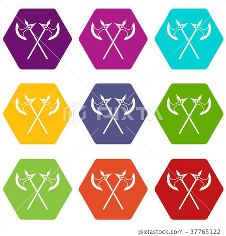 Crossed battle axes icon set color hexahedron 37765122