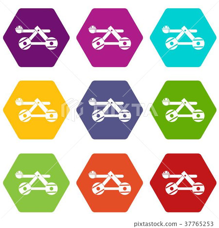 Ancient wooden catapult icon set color hexahedron Ancient wooden catapult icon set color hexahedron 37765253
