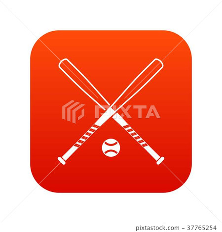 Crossed baseball bats and ball icon digital red 37765254