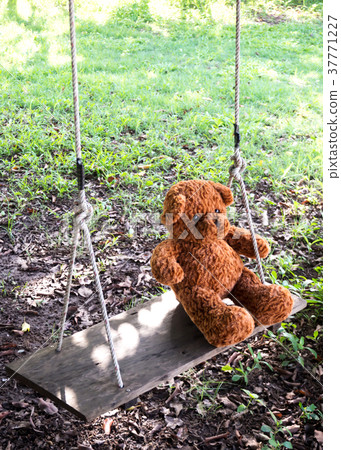Teddy bear sitting on swing. Feeling alone. 37771227