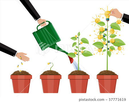 Glowing light bulb on tree with green leaves. 37771619