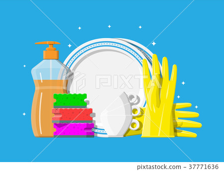Bottle of detergent, sponge and rubber gloves. 37771636
