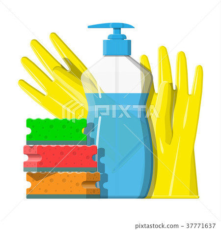Bottle of detergent, sponge and rubber gloves. 37771637