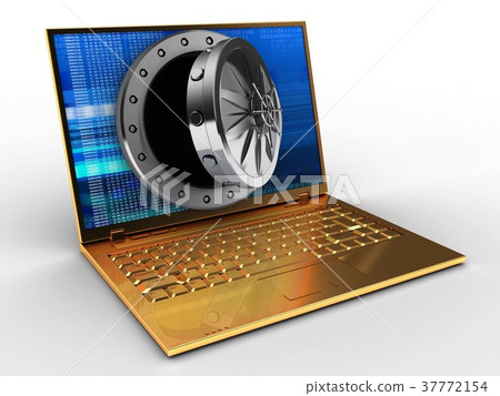 3d illustration of computer with opened vault door - Stock Illustration ...