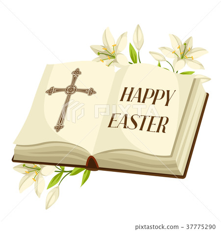 Open bible with lilies. Happy Easter concept Open bible with lilies. Happy Easter concept 37775290