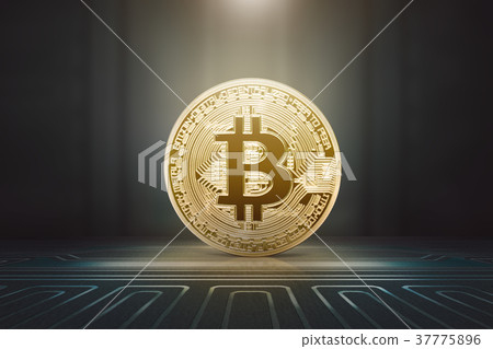 Golden bitcoin standing on electrical circuit 37775896