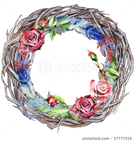 Watercolor bird feather wreath from wing. - Stock Illustration ...