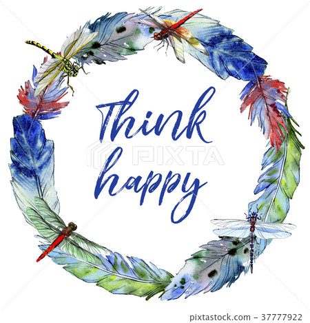 Watercolor bird feather wreath from wing. 37777922