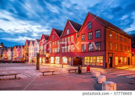 Bergen street with old houses at night in Norway Bergen street with old houses at night in Norway 37778669