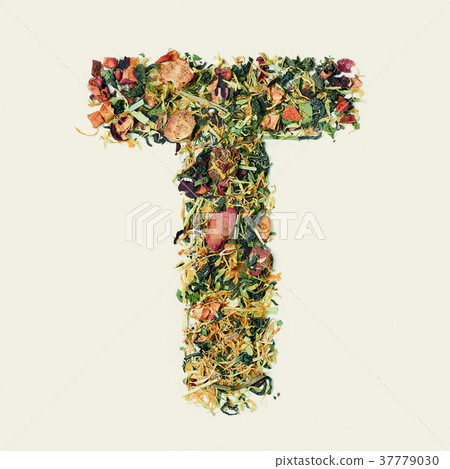 Tea leaf with flowers and fruits, letter T on 37779030