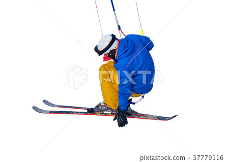 A sportsman practicing snow kiting jumping 37779116