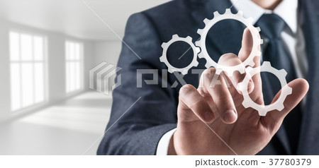 Businessman touches virtual gears cooperation. 3d Businessman touches virtual gears cooperation. 3d 37780379