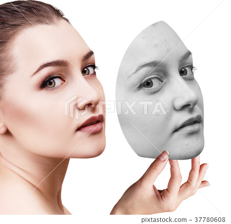 Young woman puts away mask with bad skin. Young woman puts away mask with bad skin. 37780608