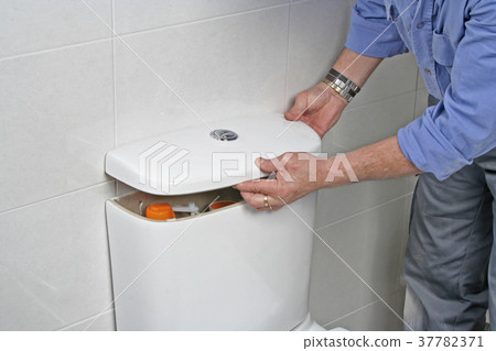 Plumber repairing a toilet cistern 37782371