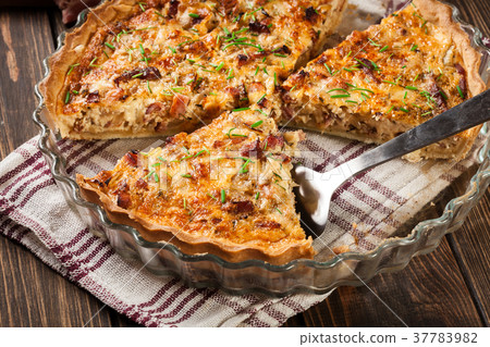 Pieces of quiche lorraine with bacon and cheese Pieces of quiche lorraine with bacon and cheese 37783982
