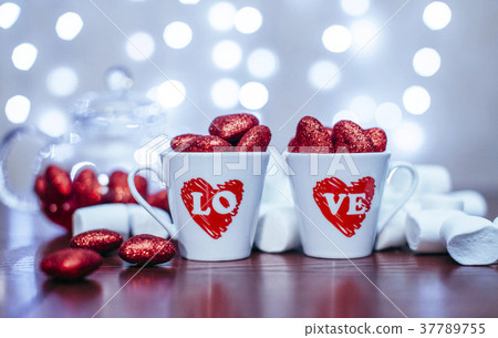 two cups with decorate red heart of valentine two cups with decorate red heart of valentine 37789755