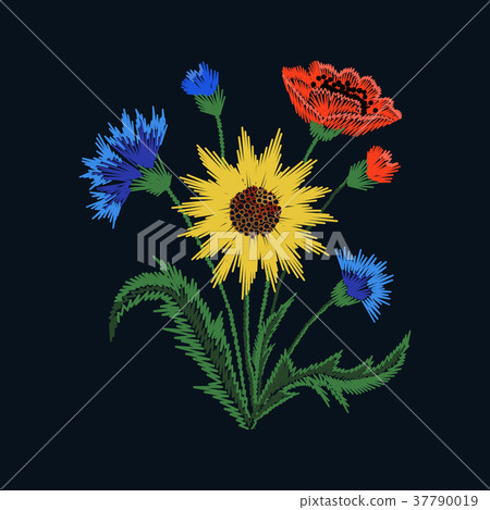 Floral Embroidery with colorful flowers on black 37790019