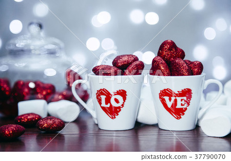 two cups with decorate red heart of valentine two cups with decorate red heart of valentine 37790070