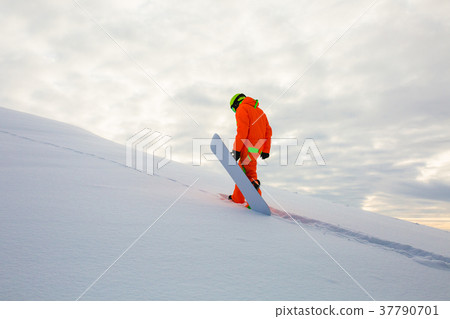 Snowboarder climbing on the top of ski slope Snowboarder climbing on the top of ski slope 37790701