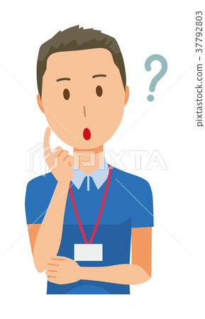 Male staff wearing name plate thinks Male staff wearing name plate thinks 37792803