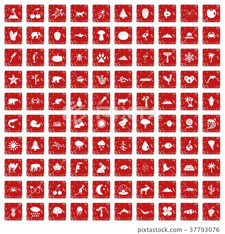 100 nature icons set grunge red 37793076